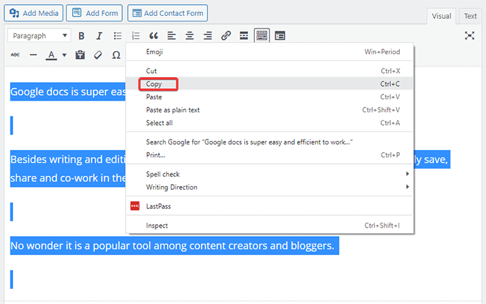 copy the content of visual editor to clipboard