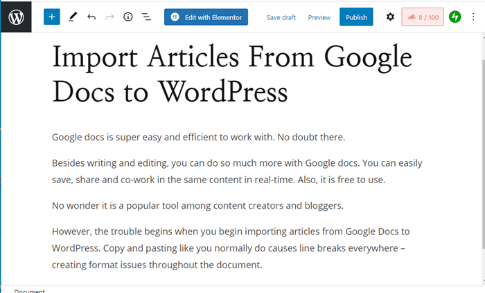 example of copy pasting content from Google Docs to WordPress
