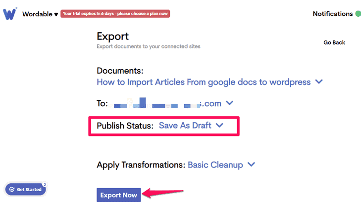 export the document as draft