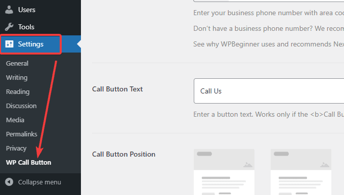 Configuring the WP Call Button plugin