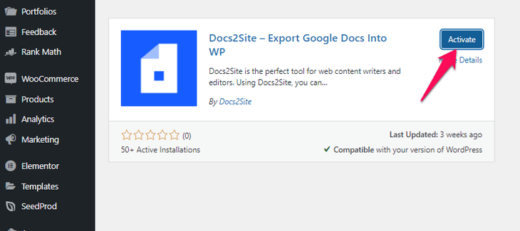 installing and activating docs2site plugin