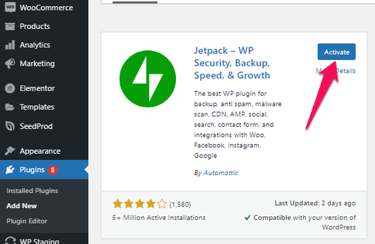 installing and activating the Jetpack plugin in WordPress