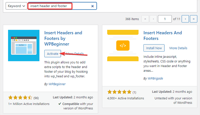 activate insert header and footer-plugin