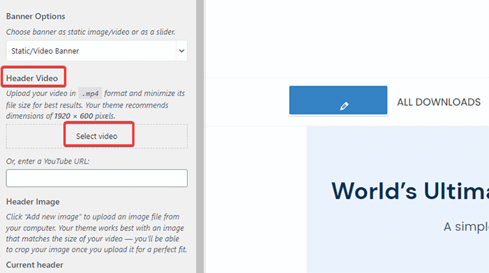 An option to select video to insert in the header bar of Chic Lite WordPress theme