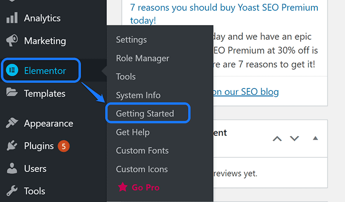 Highlighting the Getting Started button inside Elementor’s drop-down menu