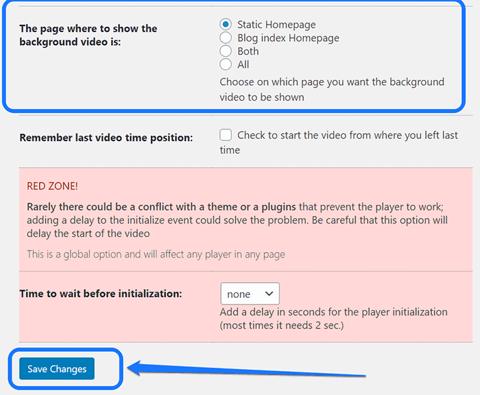 Highlighting the adjustment settings of mb.YTPlayer plugin and pointing at the Save Changes button