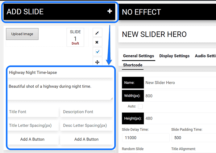 Highlighting the slider settings under the Add Slider section of Slider Hero WordPress plugin