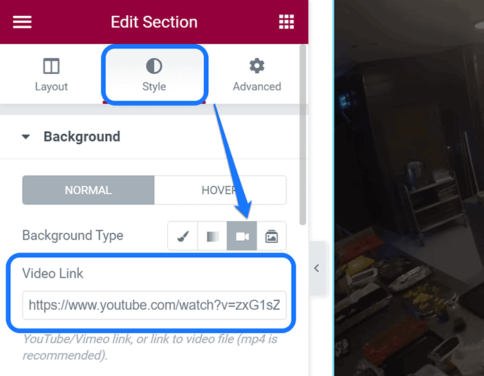 Highlighting the space where you can add the video Link of YouTube or Vimeo
