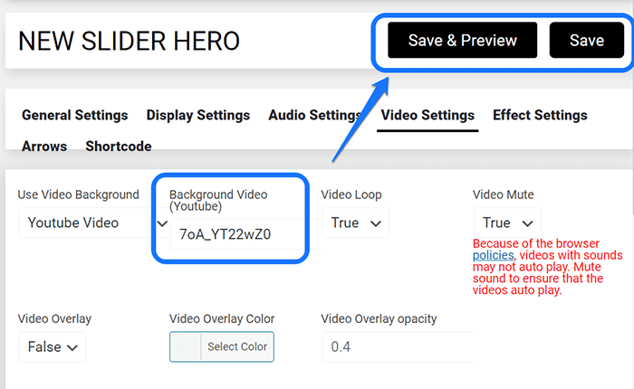 Inserting YouTube video URL and pointing at the Save & Preview button of Slider Hero plugin