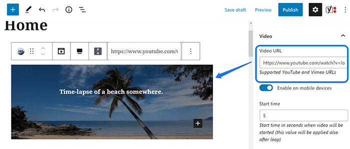 Inserting the YouTube video URL in the text box provided by Advanced WordPress Backgrounds