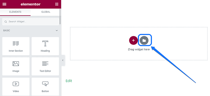 Pointing at the Folder icon in the editing interface of Elementor Website Builder