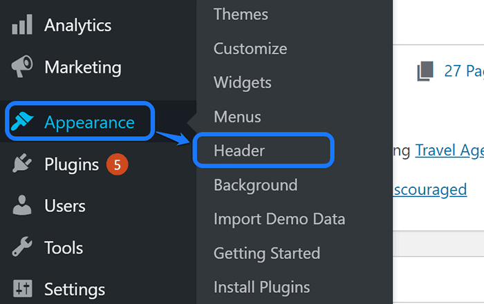 Pointing at the Header button inside the drop-down menu of Appearance option in WordPress