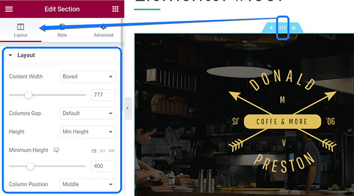 Pointing at the Layout section and the adjustment settings of Elementor