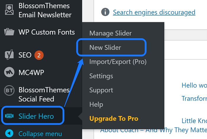 Pointing at the New Slider button inside the drop-down menu of Slider Hero plugin