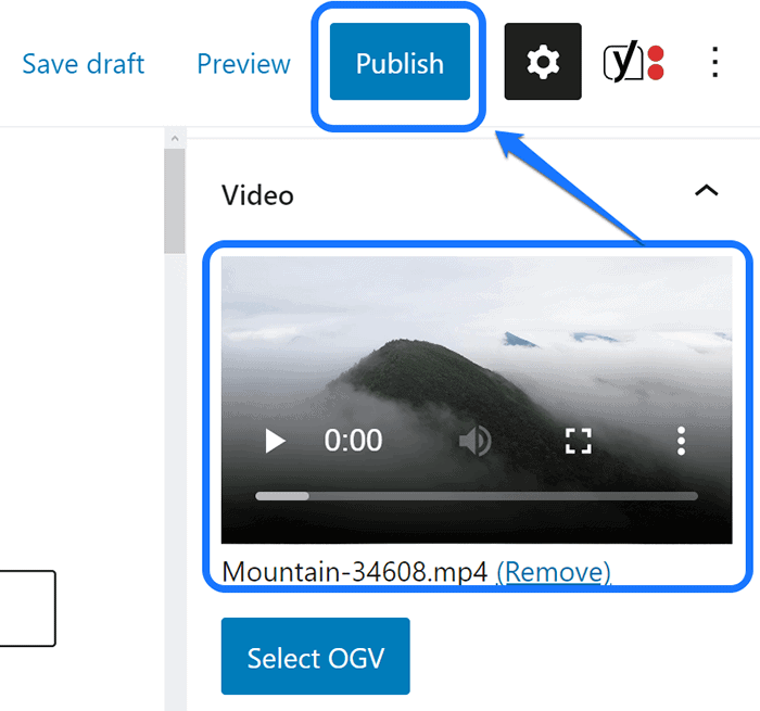 Pointing at the Publish button on the right sidebar of WordPress page editor