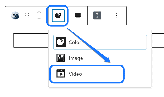 [Screenshot Name: Pointing at the Video button inside the drop-down menu of Background (AWB) block]