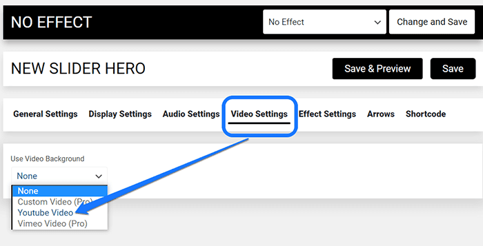 Pointing at the YouTube Video setting inside Video Settings