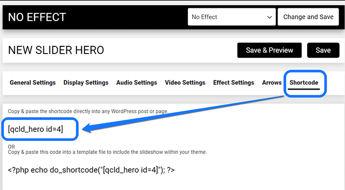 Pointing at the shortcode provided by the Slider Hero WordPress plugin