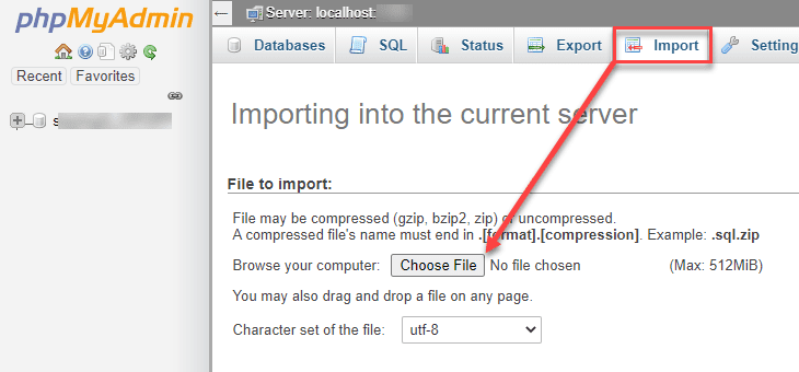 choose import database from cpanel