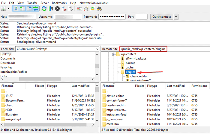 upload plugins files from the backup in ftp