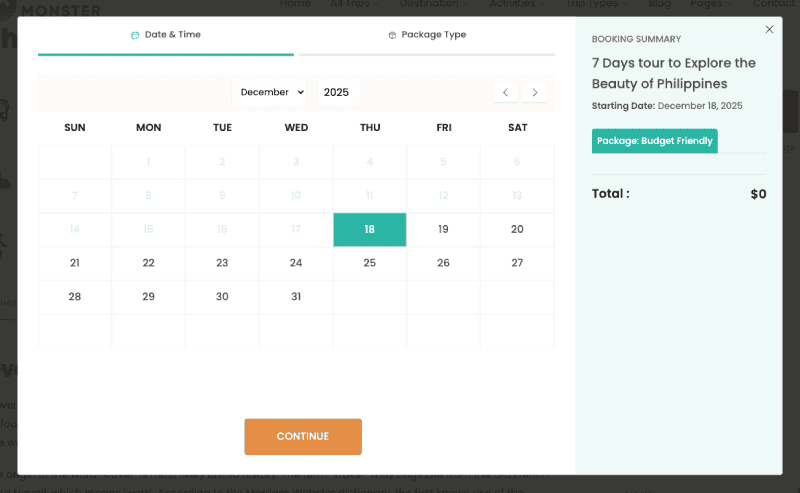 Fee version booking modal of WPTE