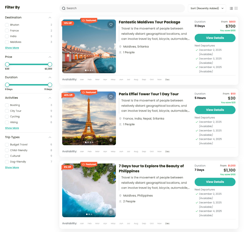 Trip Search result page of WP Travel Engine