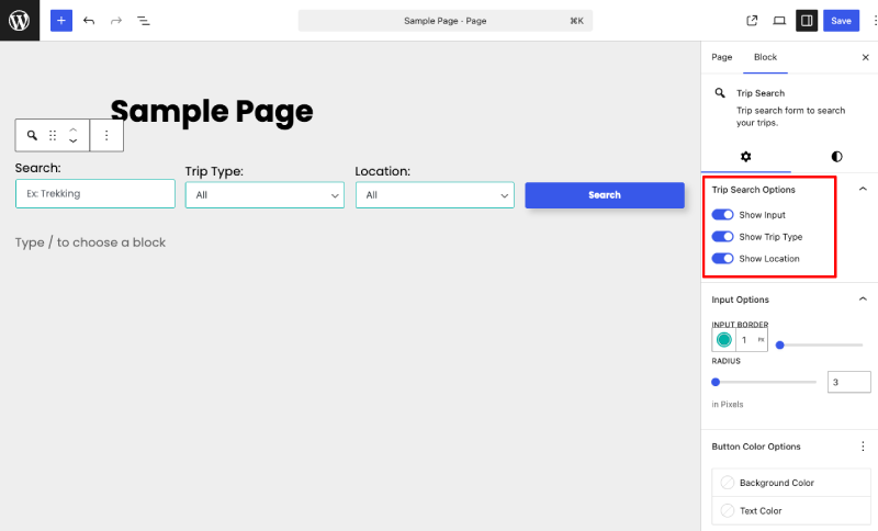 Trip search widgets of WP Travel