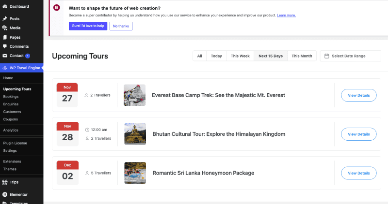 Upcoming Tours Feature of WP Travel Engine