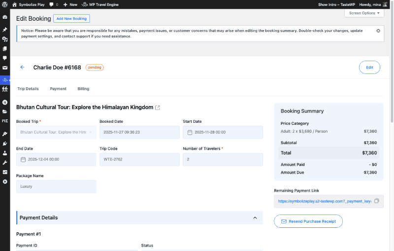 WP Travel Engine Booking interface