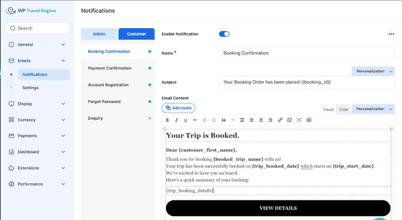 WP Travel Engine Email Settings