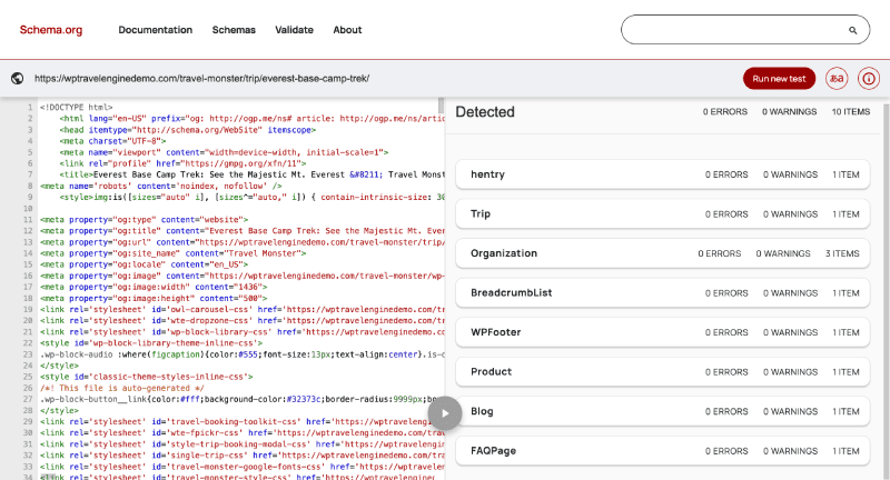 WP Travel Engine Schema Markup Validator test