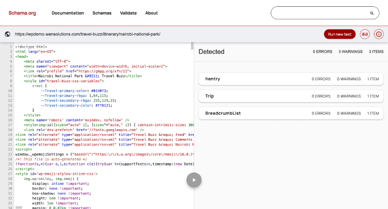WP Travel Schema Markup Validator test