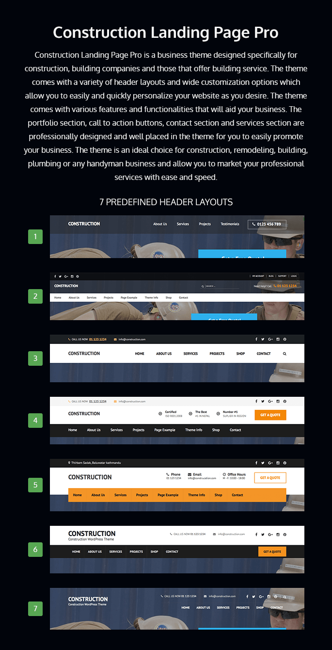 header-layout of construction landing page pro