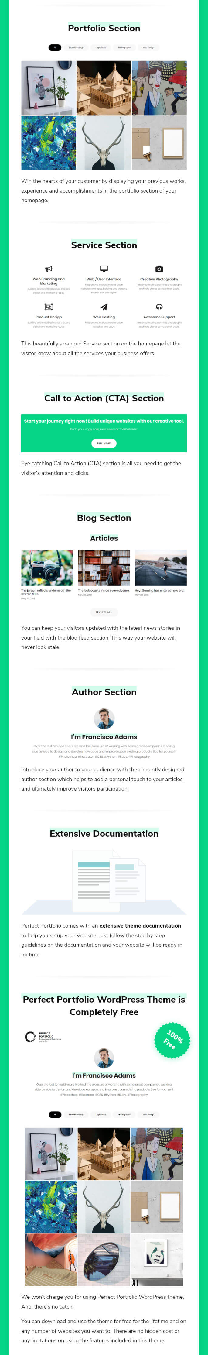 features of Perfect Portfolio free WordPress Theme