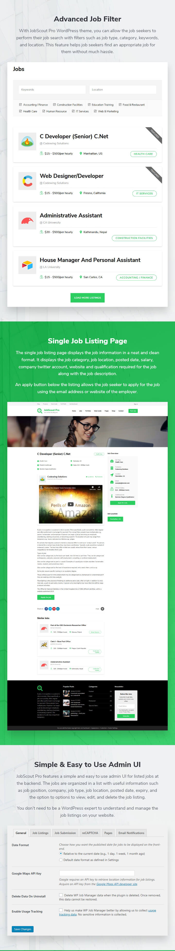 features of JobScout WordPress Theme