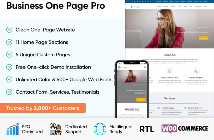 sales banner of business one page Pro WordPress Theme