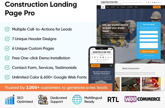 sales banner of Construction Landing Page Pro WordPress Theme