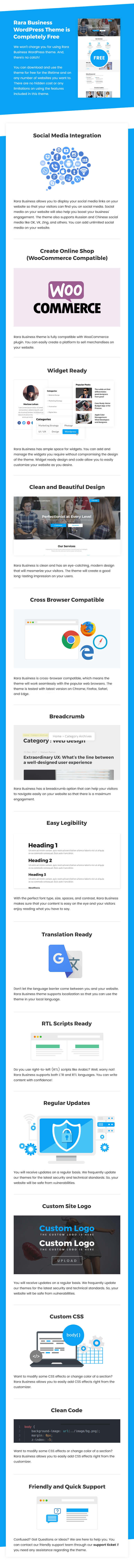 features of the Rara Business WordPress Theme