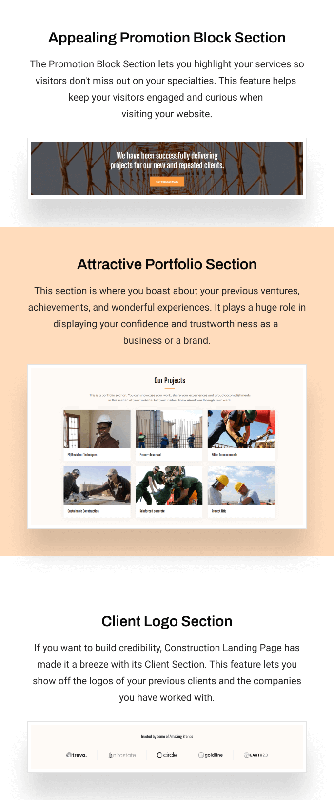 Different sections in Construction Landing Page Theme