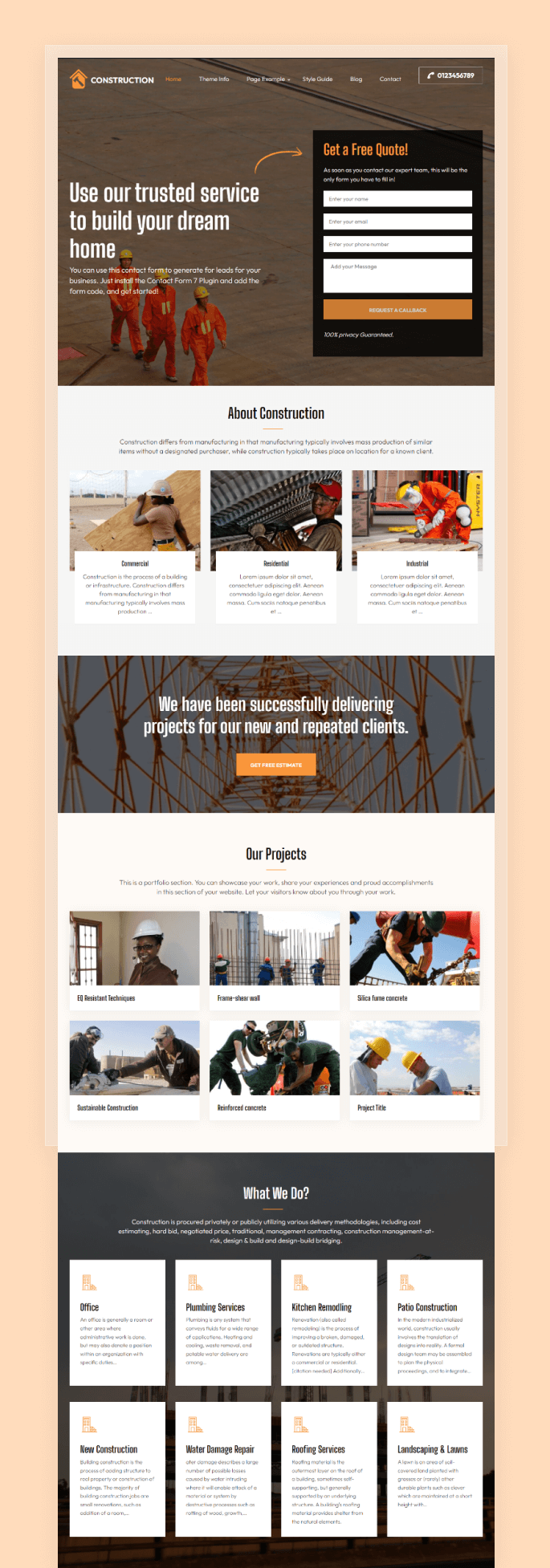homepage layout of Construction Landing Page Theme